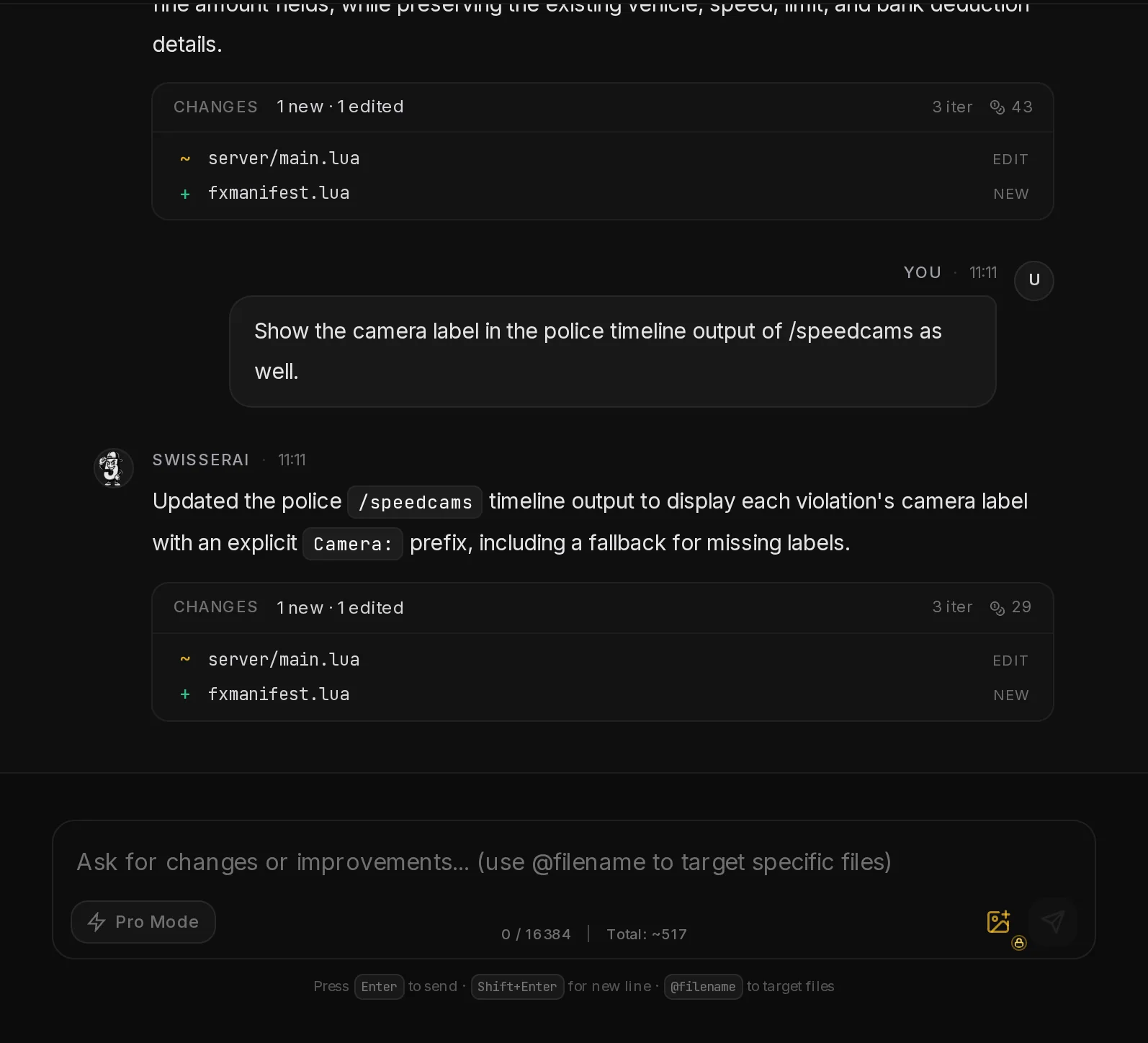 A past run in the Script Generator chat: the summary and a card with the changed files, the number of iterations and the credits it cost.