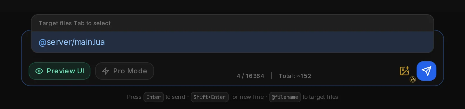 Typing @ser in the Script Generator chat box opens a list of matching files, here server/main.lua.