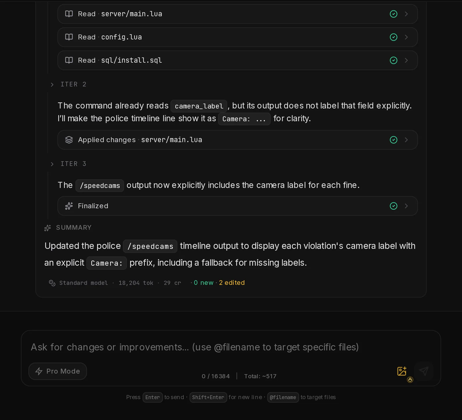 The end of a Script Generator run: the last step, the summary and the line with model, tokens, credits and changed files.