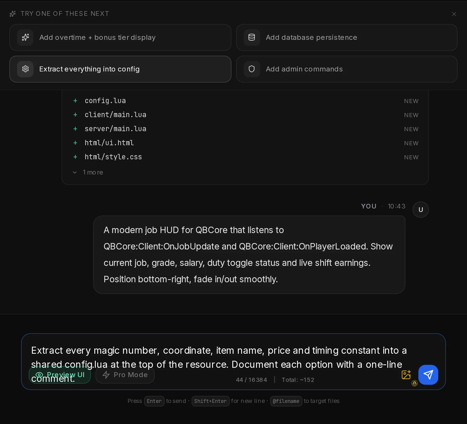 The Try one of these next suggestions above the chat; a click on a suggestion filled the chat box with its prompt.