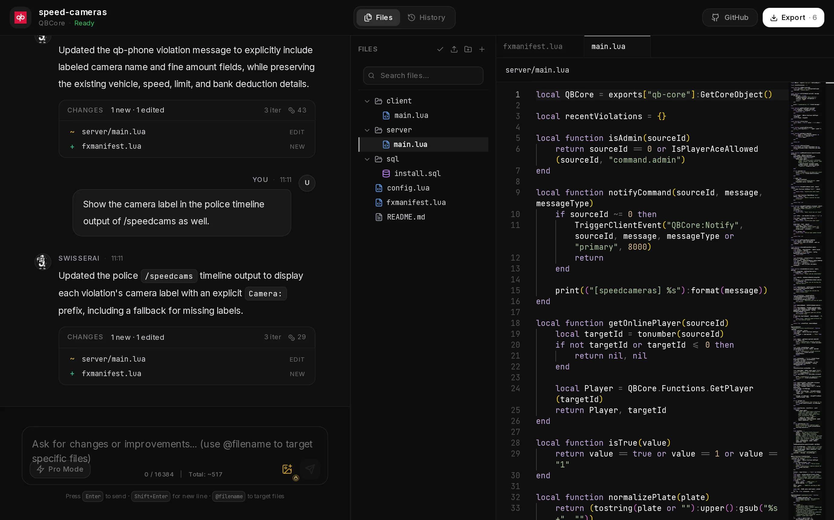 The chat made narrower by dragging the divider, so server/main.lua is readable in the editor next to the file tree.