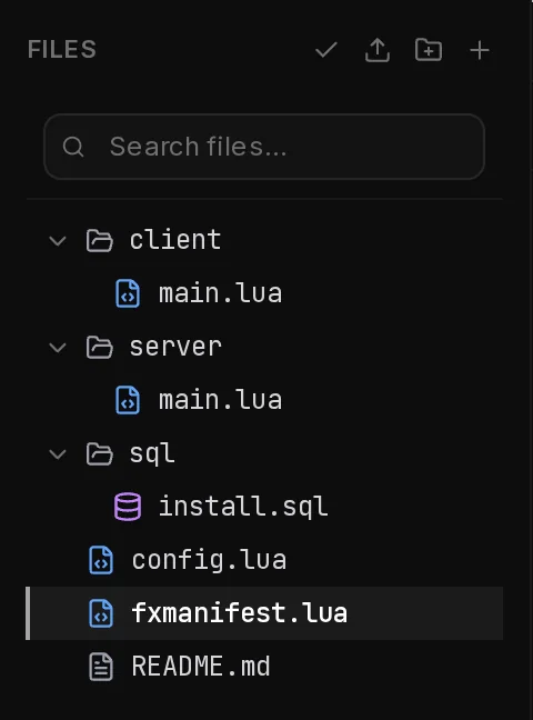 The file panel of a Script Generator project: search, the buttons to select, upload and add files, and the file tree with change marks.