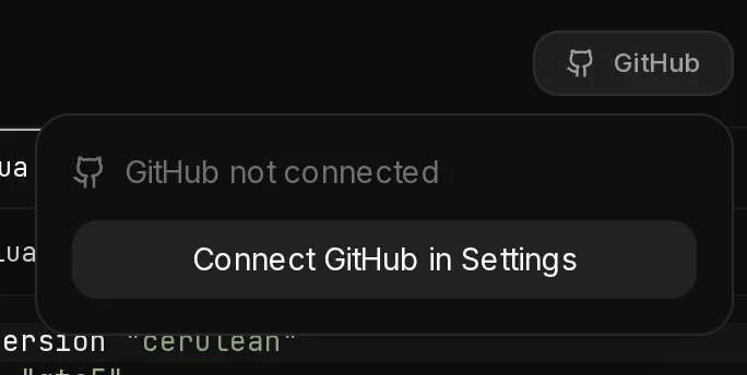 The GitHub menu in the project header, here without a linked account, with the link to connect GitHub in Settings.