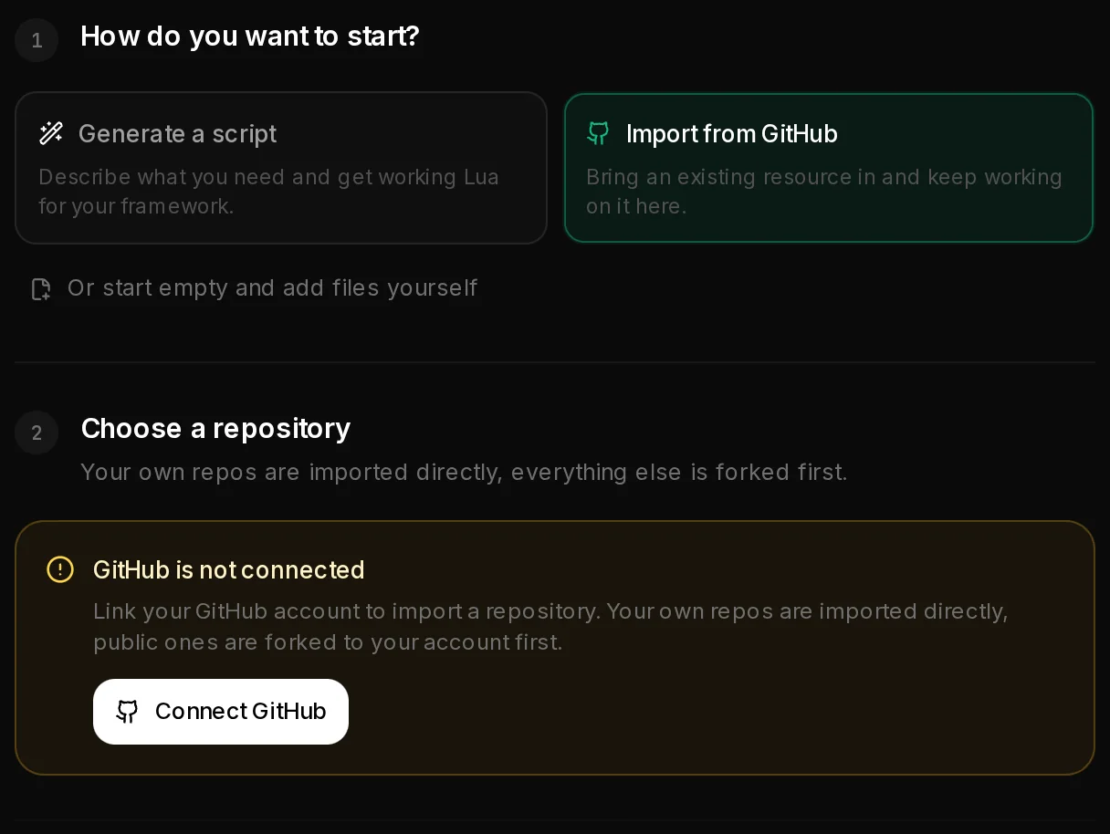 The import path of a new project without a linked GitHub account: a notice with the Connect GitHub button.