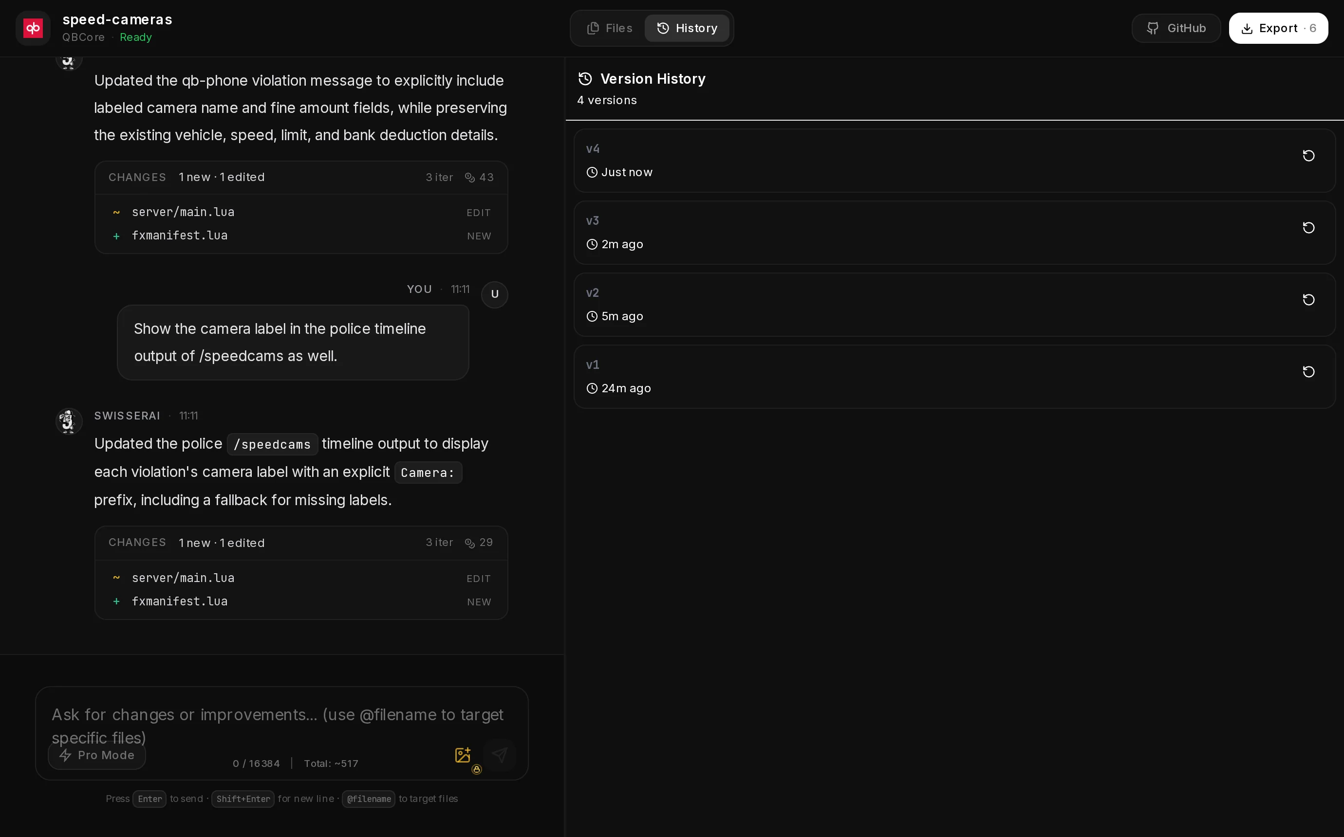 The History panel of a Script Generator project with one version per change and a restore button on each.