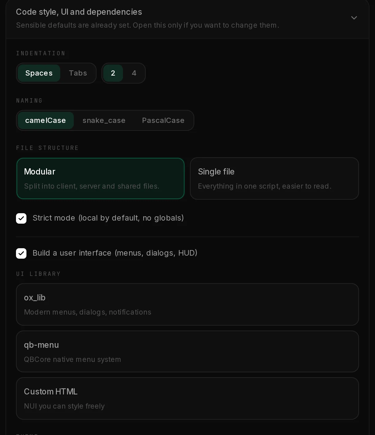 The Advanced section opened: indentation, naming, file structure, strict mode and a user interface with ox_lib, qb-menu or custom HTML.