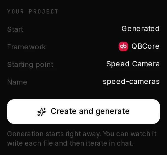 The summary rail of a new project: Generated, QBCore, Speed Cameras, the name and the Create and generate button.