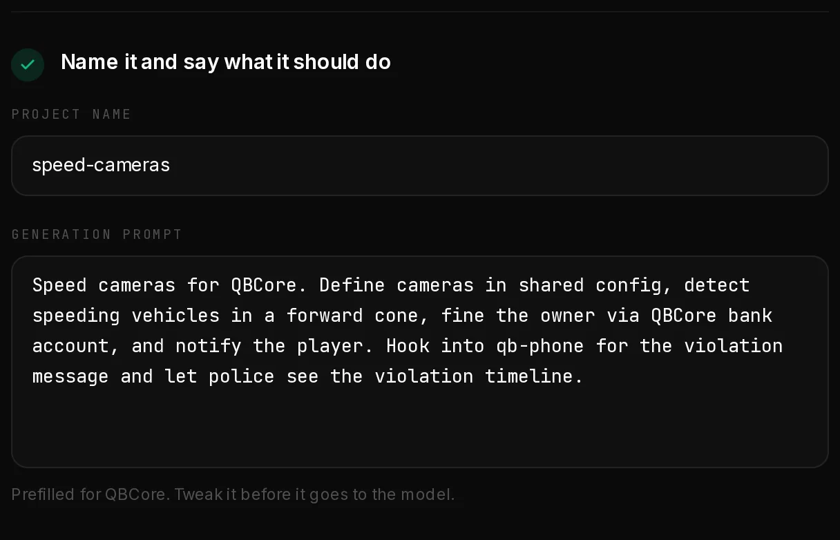 The name and prompt step, prefilled by the Speed Cameras template with a prompt written for QBCore.
