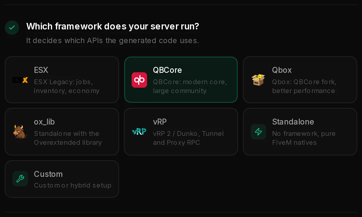 The framework step of a new AI Script Generator project with QBCore selected among ESX, Qbox, ox_lib, vRP, Standalone and Custom.