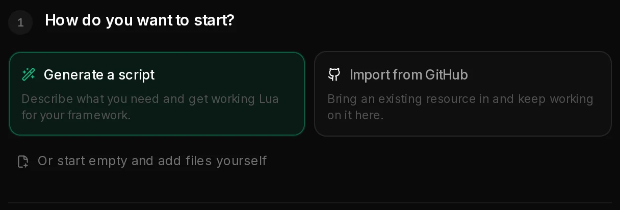 The first step of a new AI Script Generator project: Generate a script, Import from GitHub, or start empty.