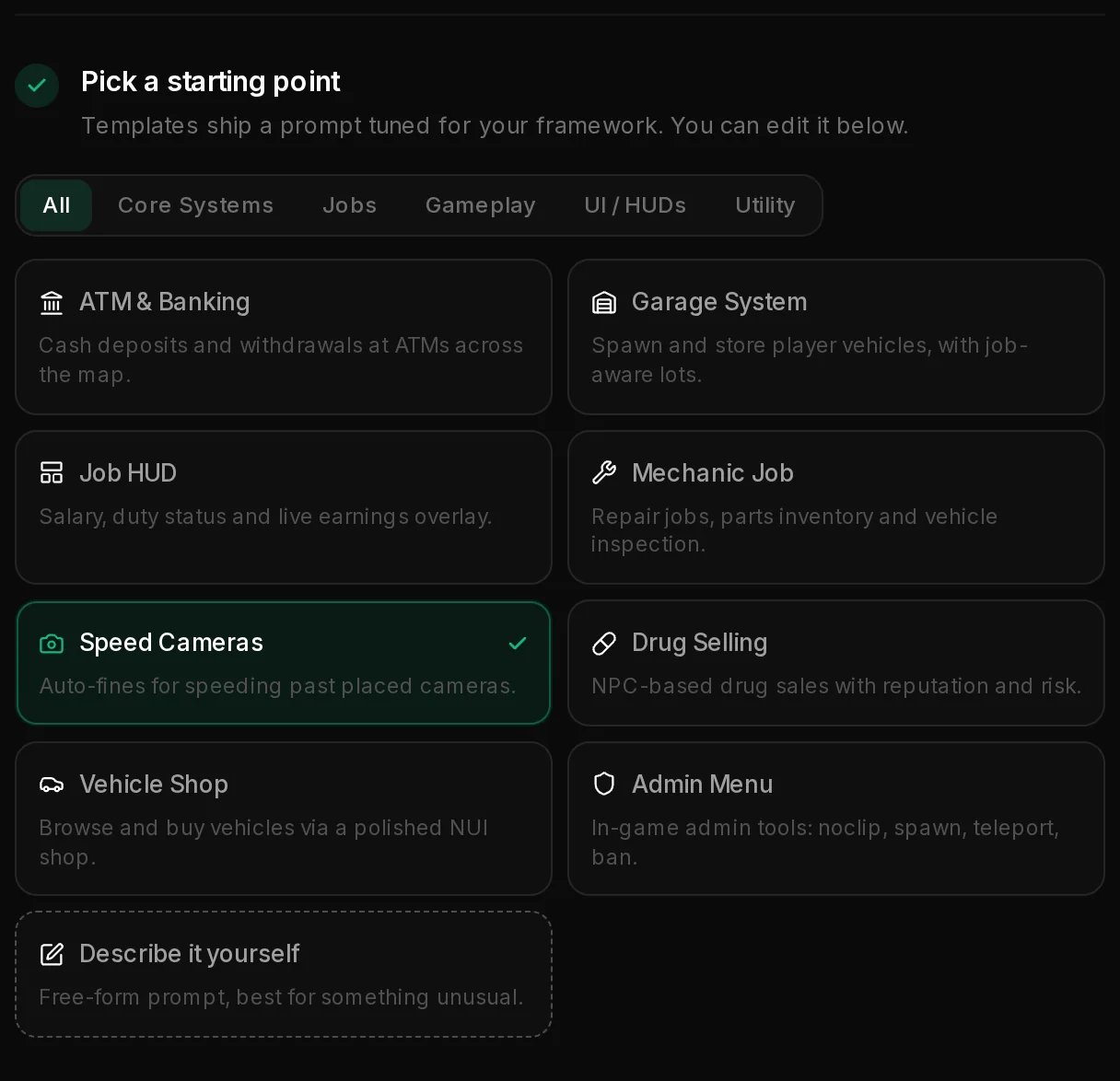 The starting point step with template categories, eight templates for QBCore and Speed Cameras selected.