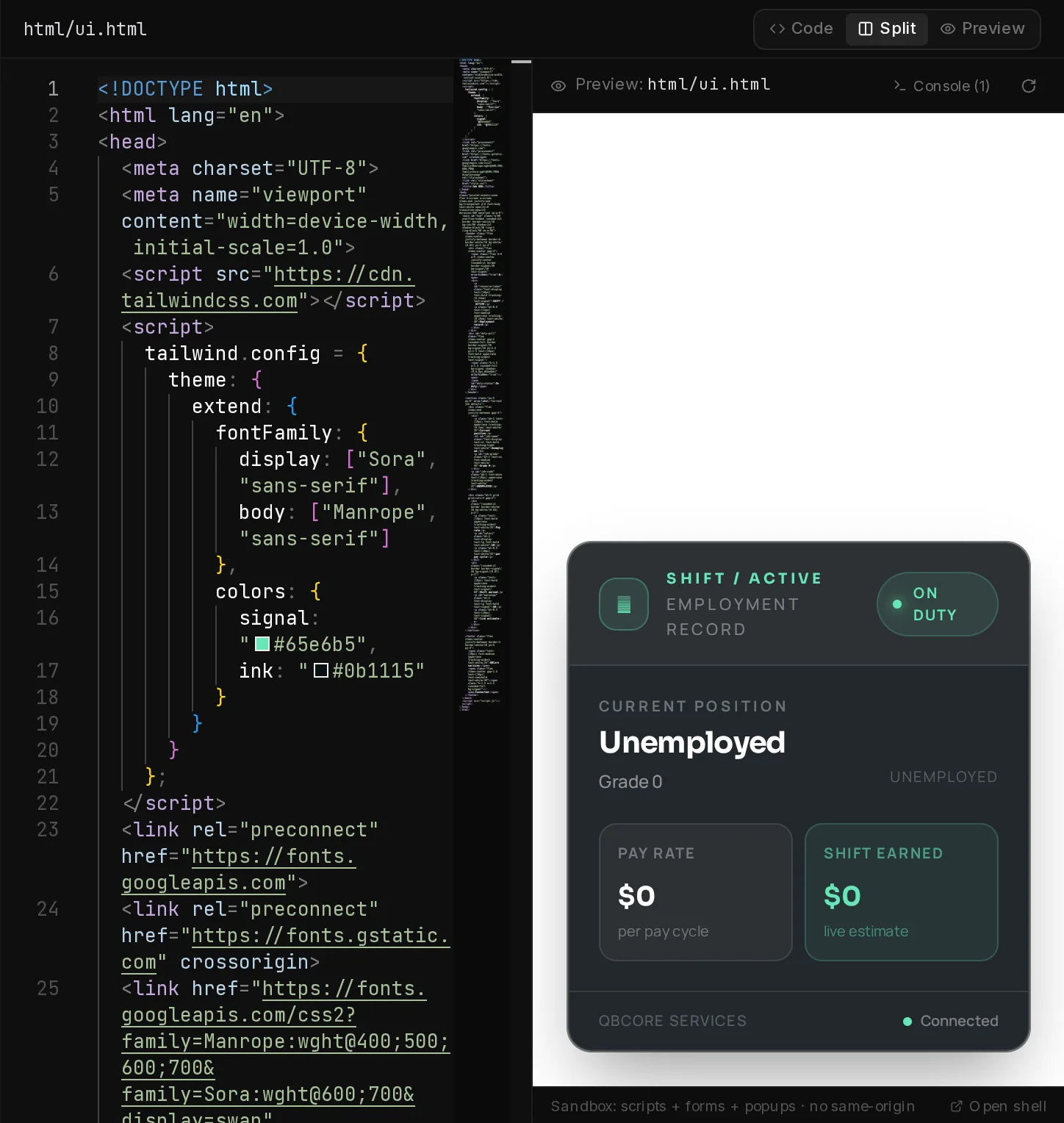 Split view of a Script Generator project: ui.html in the editor on the left, the job HUD rendered live on the right.