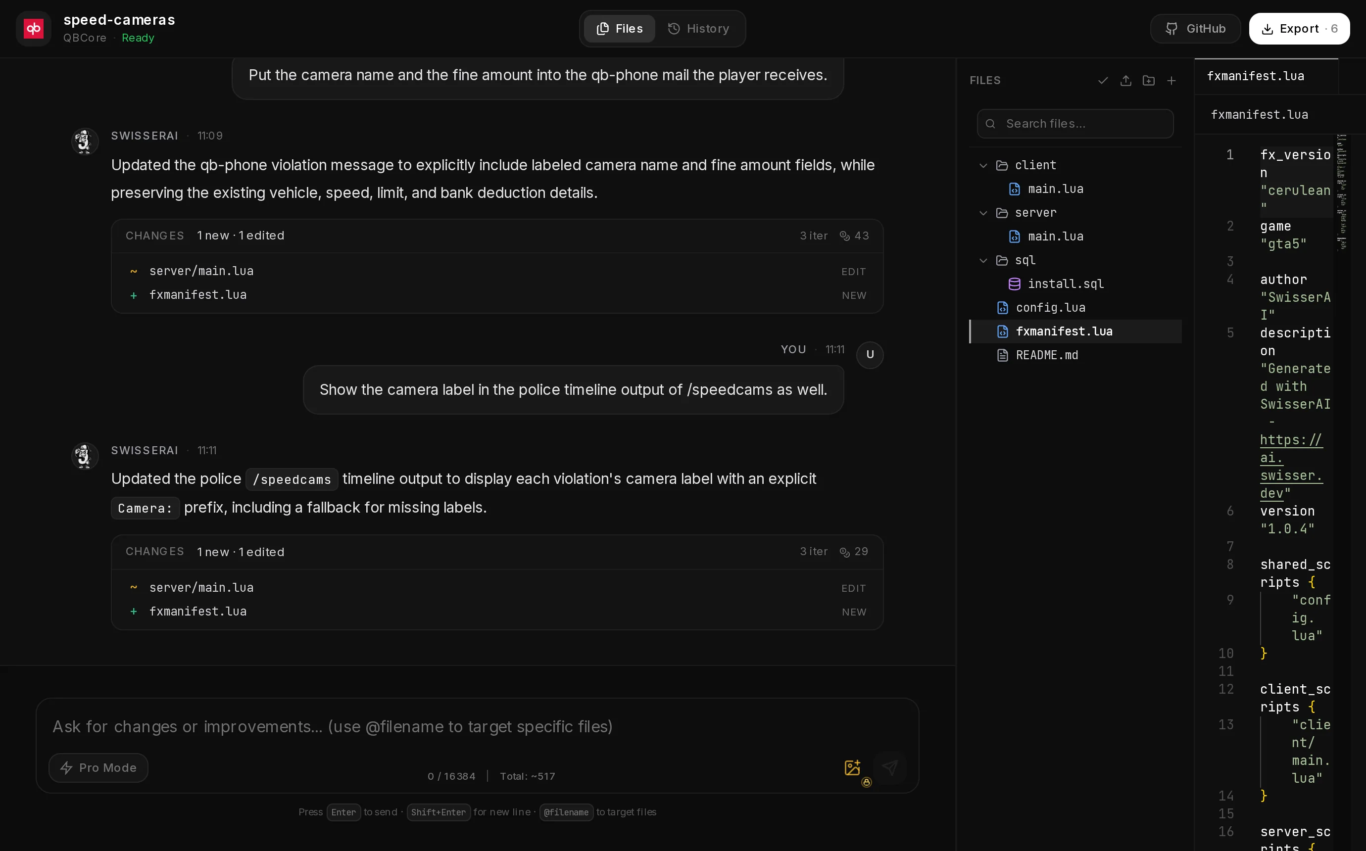 A finished AI Script Generator project: the chat with the last run on the left, the file tree and the code on the right.