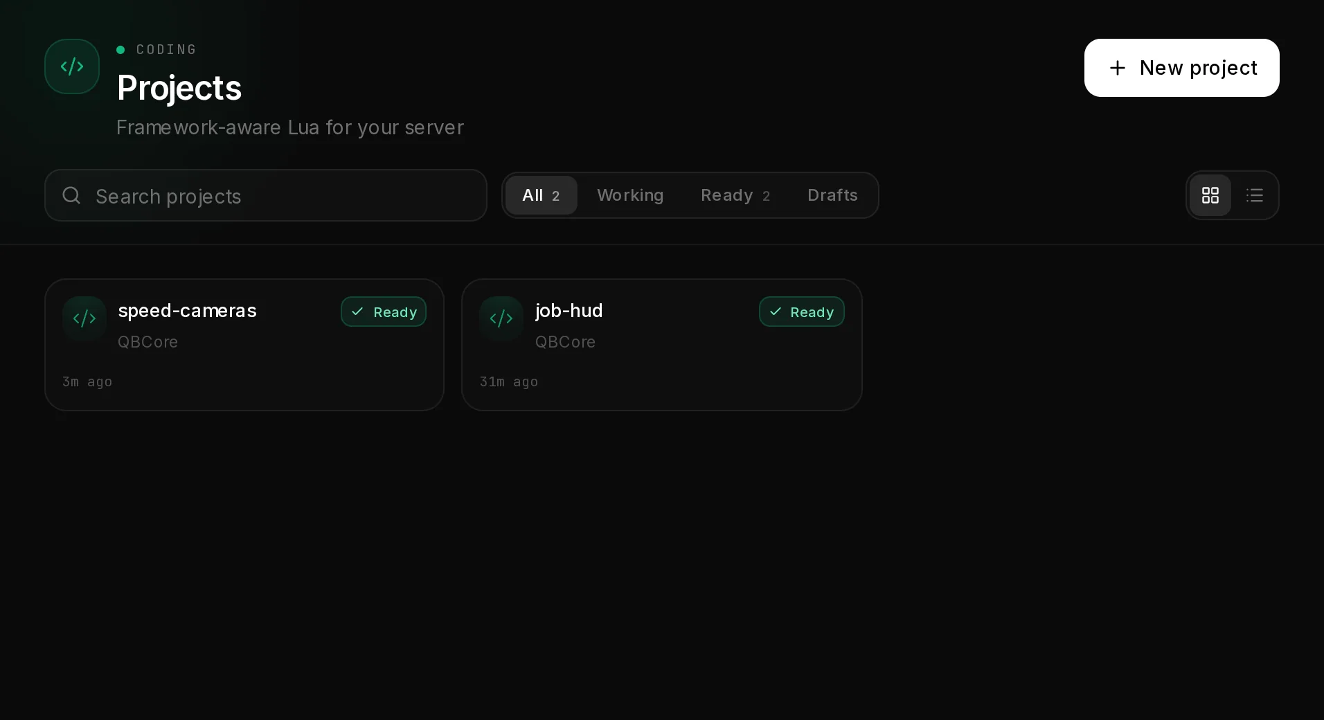 The Projects page of the AI Script Generator with two finished projects, the status filters and the New project button.