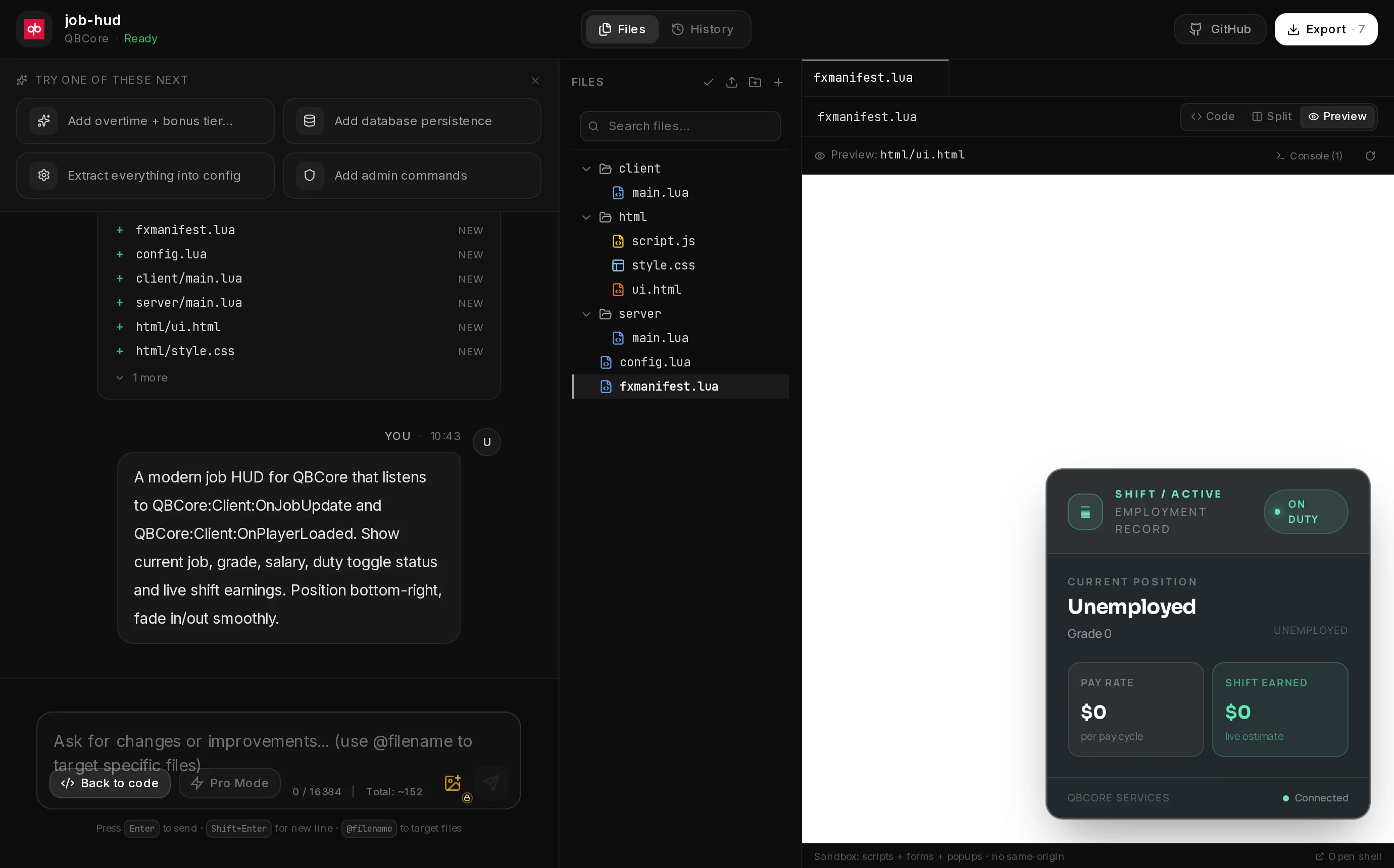 The Preview UI view of a generated QBCore job HUD: the HUD rendered in the browser next to the chat.