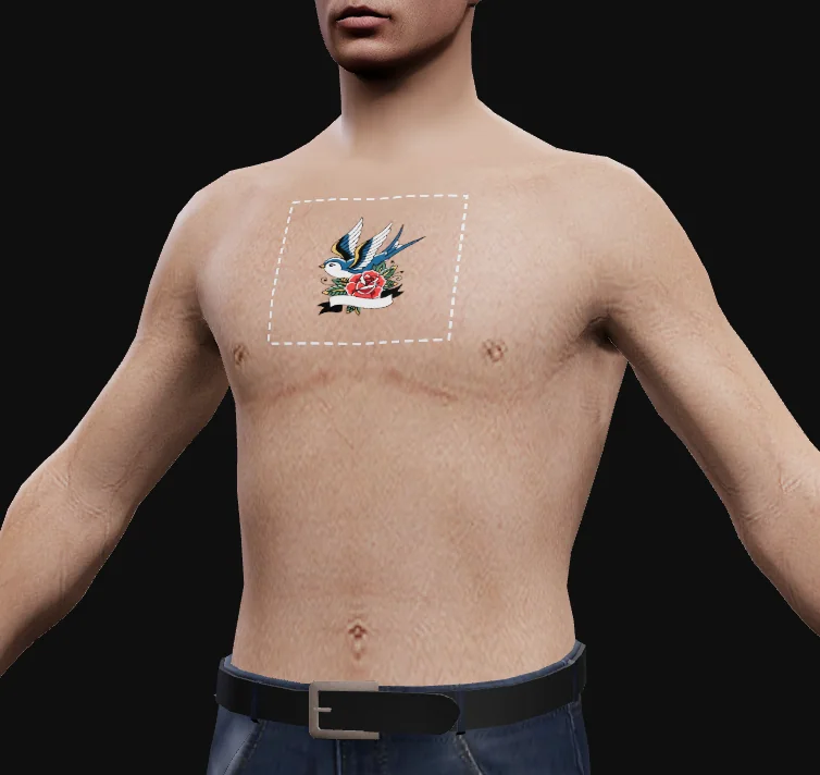 The first AI take, a swallow with a red rose, on the chest of the male ped in the live preview.