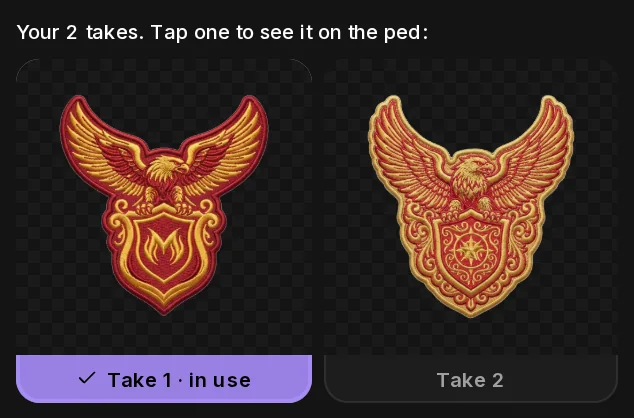 The two takes of the eagle patch: a spread-wing eagle over a shield in red and gold, background removed.