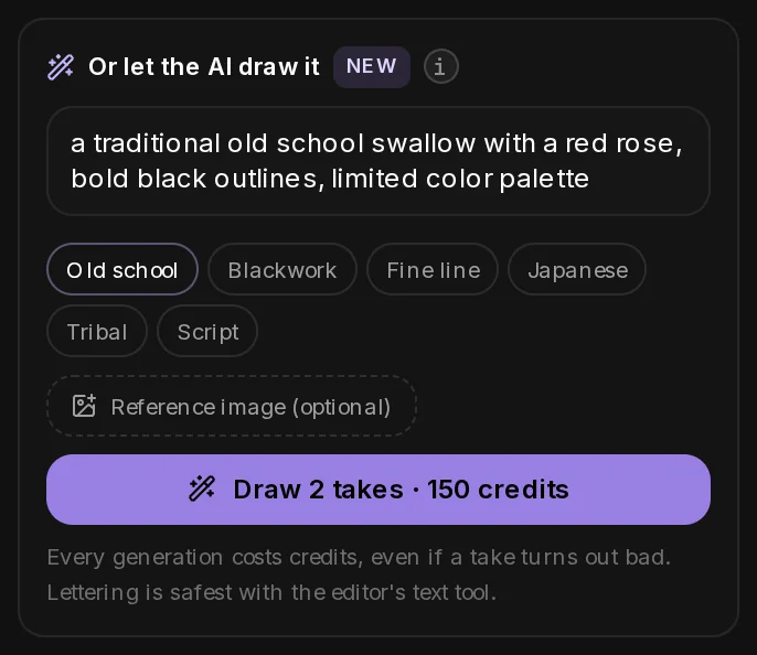 The AI part of the Design section: the prompt filled by the Old school idea, the six idea chips, Reference image (optional) and the Draw 2 takes button with its price.