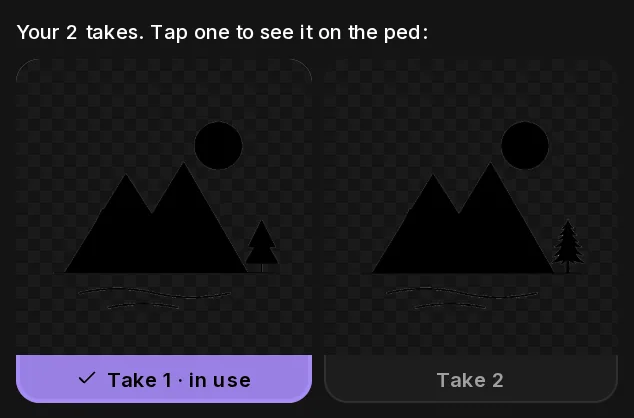 The two takes redrawn from the shaded sketch: mountains, a sun and two pine trees as a solid black tattoo on transparency.