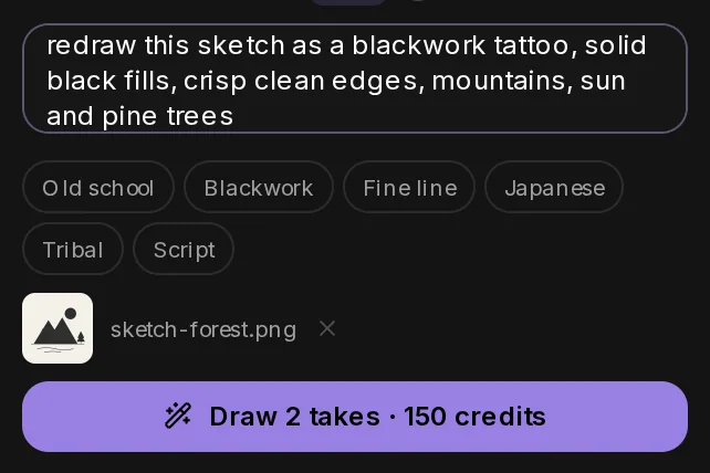 The AI panel with a reference image attached: the thumbnail and file name of the shaded sketch next to its remove button, and the prompt asking for a blackwork redraw.