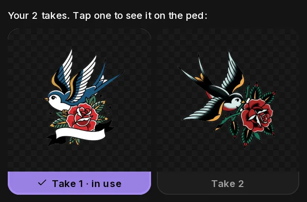 The two takes of the old school swallow under the AI prompt, each on a transparent checkerboard; Take 1 is marked in use.