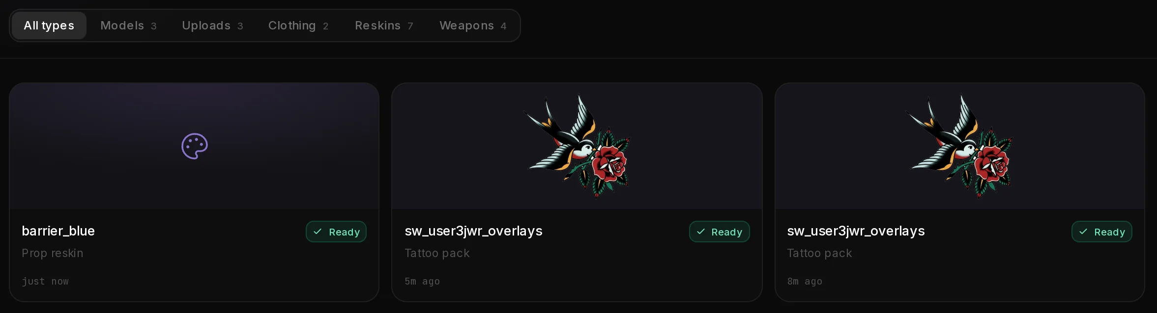 The assets list with two tattoo packs at the top, each a card named after its collection with the label Tattoo pack and the status Ready.