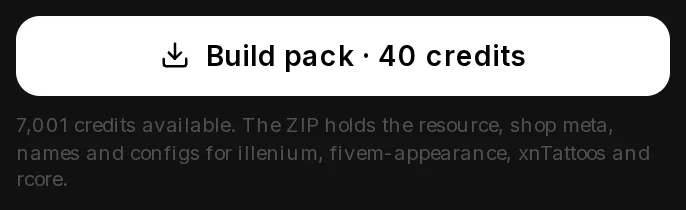 The Build pack · 40 credits button at the bottom of the rail, with the credits available under it.