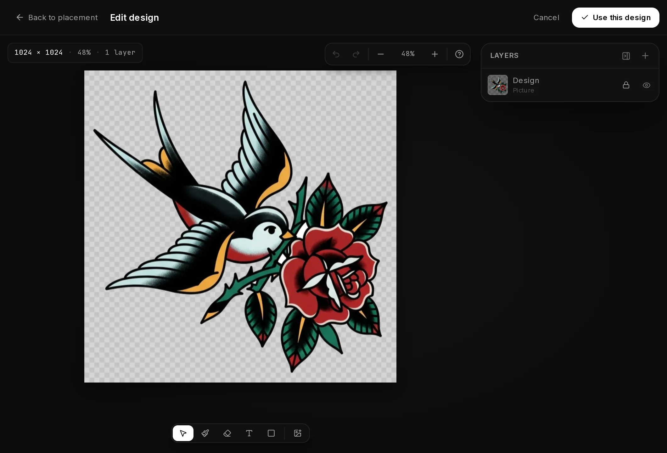 The design editor opened on the swallow: Back to placement, Edit design, Cancel and Use this design at the top, the design on its canvas, the layers panel and the tool bar with Move, Brush, Eraser, Text, Shape and Image.