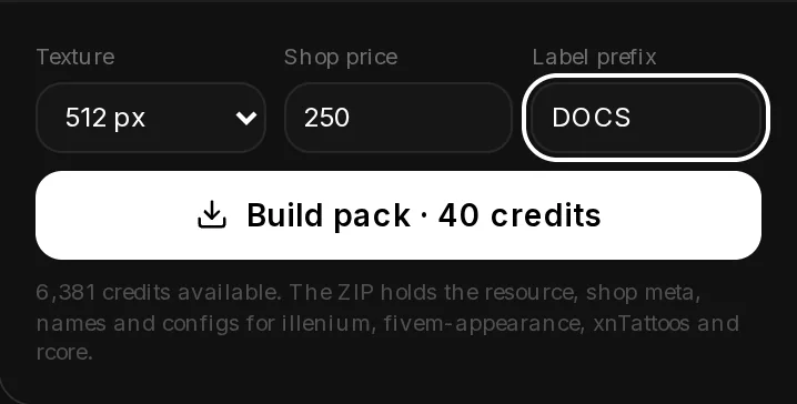 The bottom of the rail: Texture 512 px, Shop price 250, Label prefix DOCS, the Build pack · 40 credits button and the credits available.