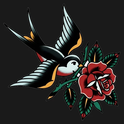 The design of the quick start: an old school swallow with a red rose on a transparent background.