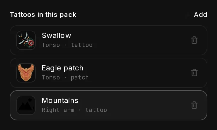 Tattoos in this pack with three designs: Swallow on the torso, Eagle patch on the torso as a patch, and Mountains on the right arm, each with a thumbnail and a remove button.