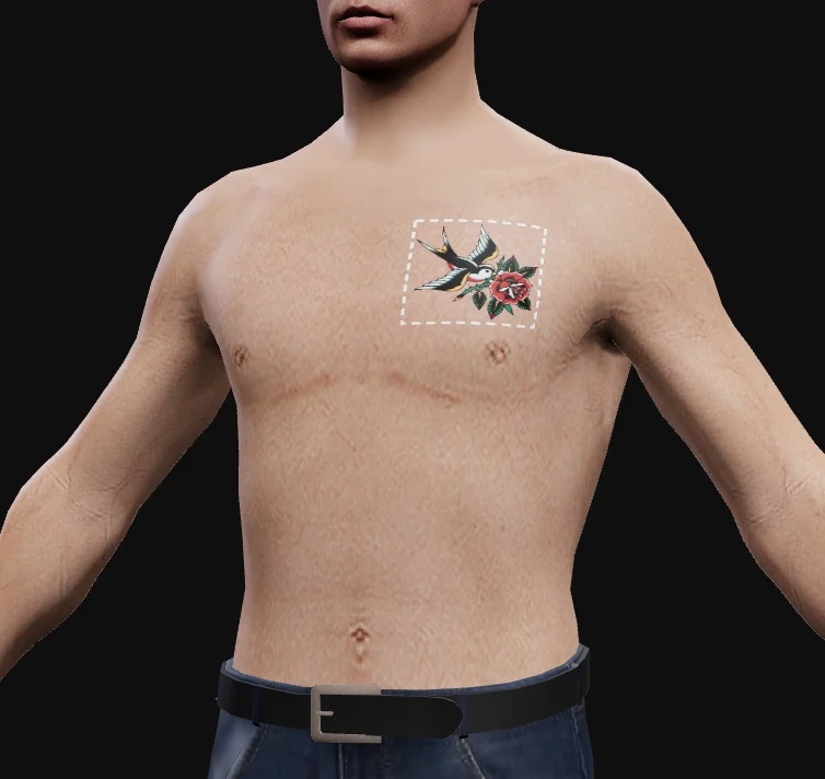 The swallow on the left chest of the male ped in the live preview, placed with the Chest, left preset.