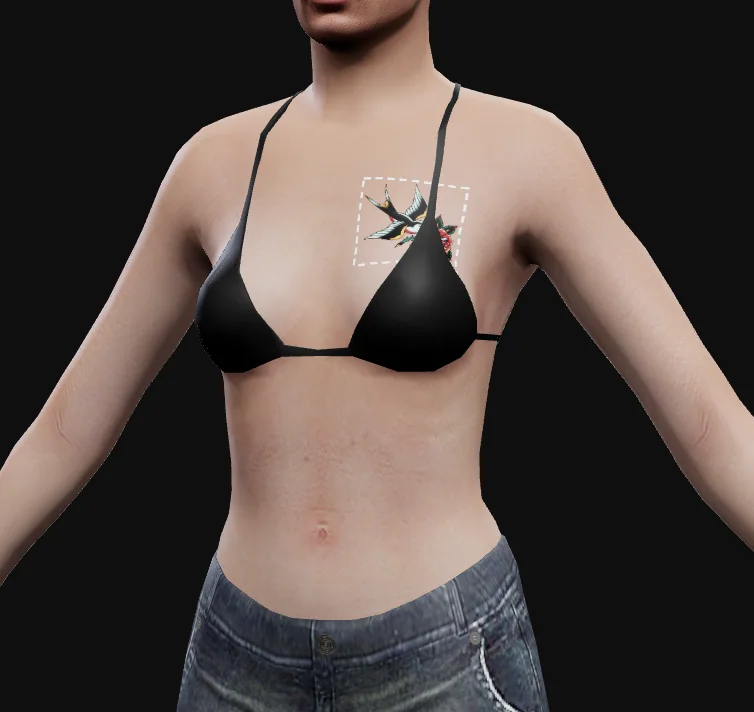 The same swallow on the left chest of the female ped, with the placement of the Chest, left preset for female bodies.