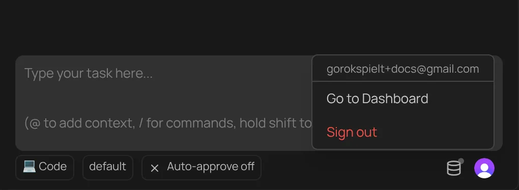 The SwisserAI account menu opened from the round picture next to the task box, with Go to Dashboard and Sign out.