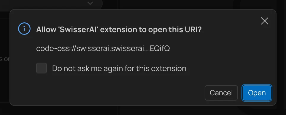 A VS Code dialog asks: Allow SwisserAI extension to open this URI? with Open and Cancel buttons.