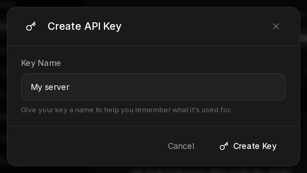 The Create API Key window: a name field filled with My server and a Create Key button.
