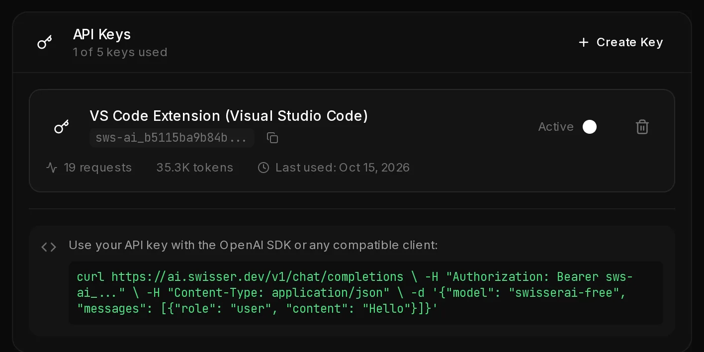 The API Keys box in SwisserAI account settings, with a Create Key button and the list of keys, including the one VS Code created.