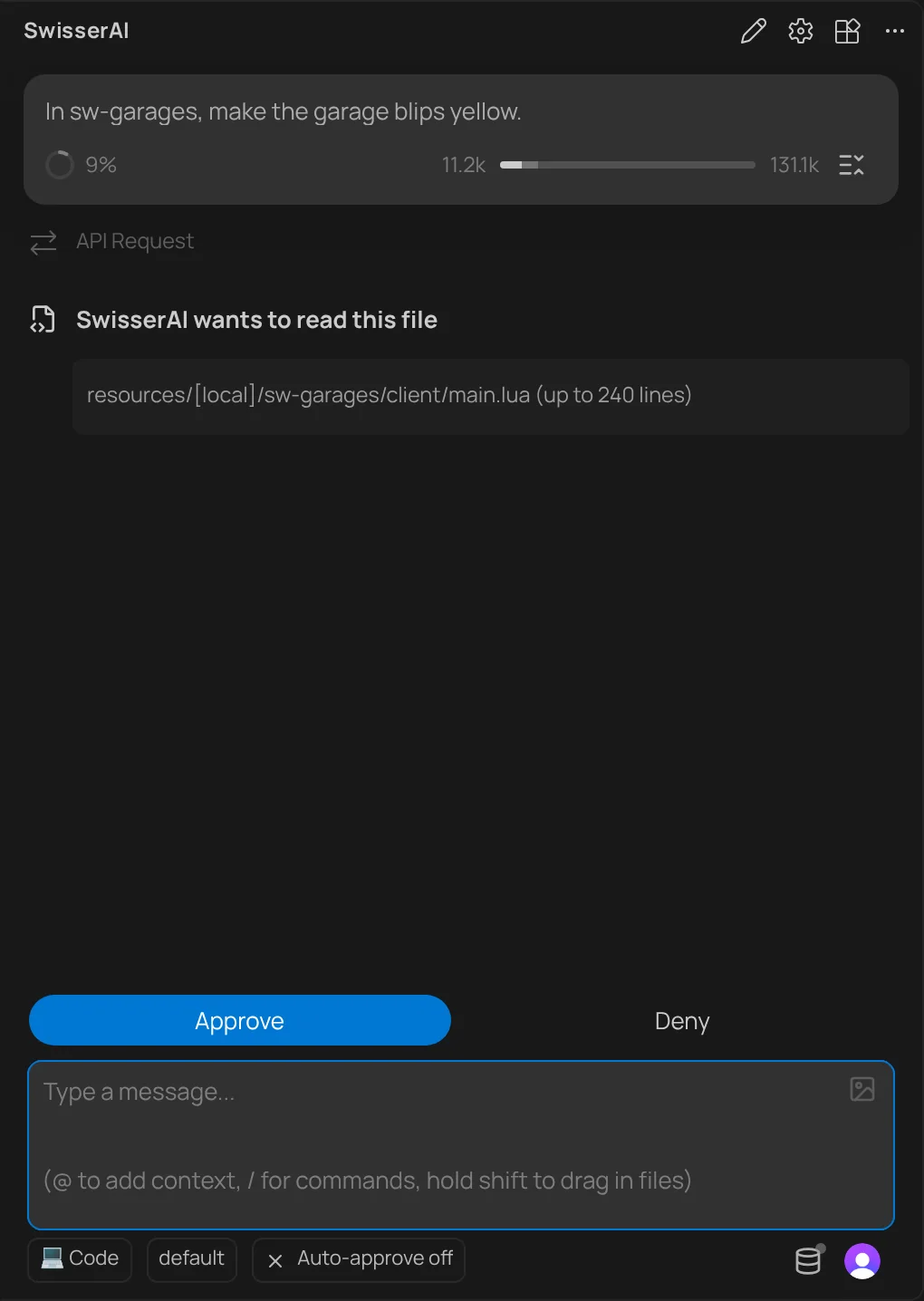 SwisserAI asks for permission to look at the garage resource, with Approve and Deny buttons under the request.