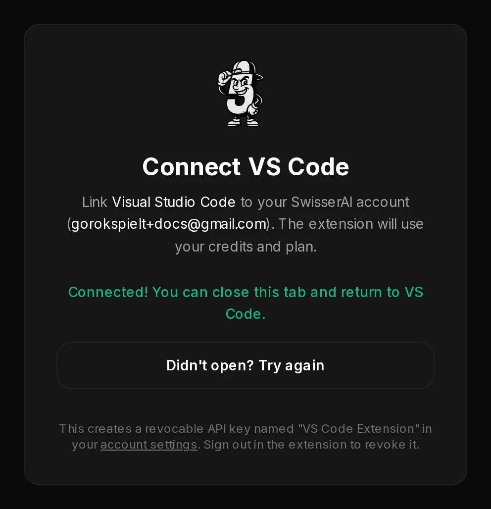 The connect page after clicking Connect: a green line says Connected and that you can return to VS Code.