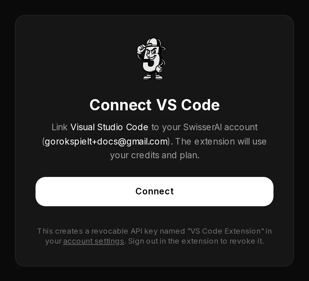 The Connect VS Code page on ai.swisser.dev: it names the editor and your account email, with a Connect button.
