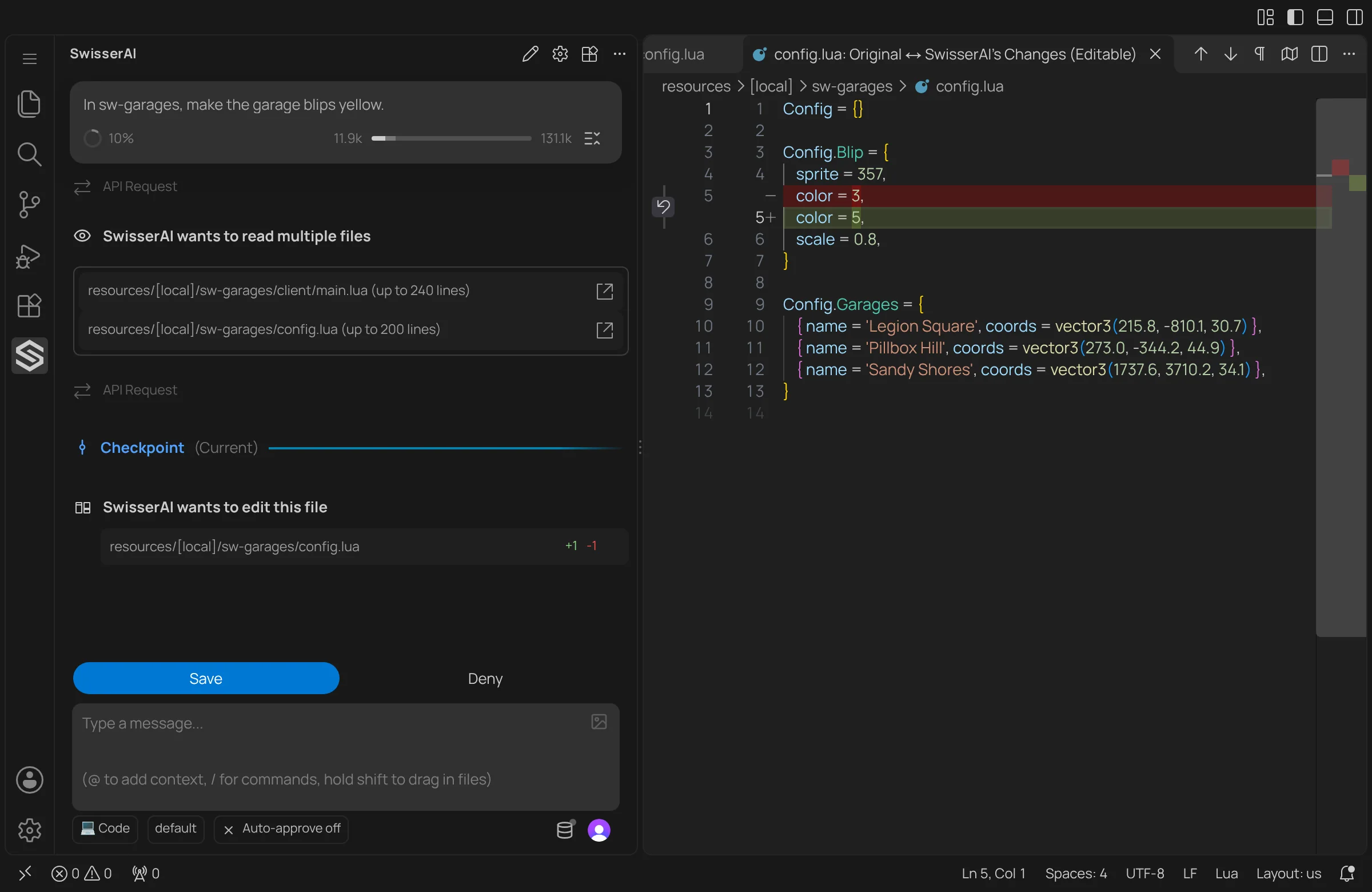 VS Code with the proposed change open as a diff: the old color line in red on the left, the new color 5 in green on the right, and Save and Deny in the SwisserAI panel.