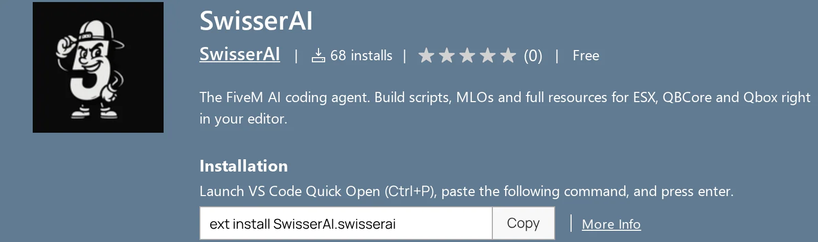 The SwisserAI page in the Visual Studio Marketplace with the command ext install SwisserAI.swisserai and a Copy button.