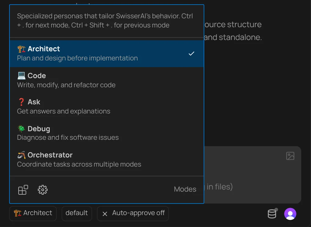 The mode list of SwisserAI: Architect, Code, Ask, Debug and Orchestrator, each with a one-line description.