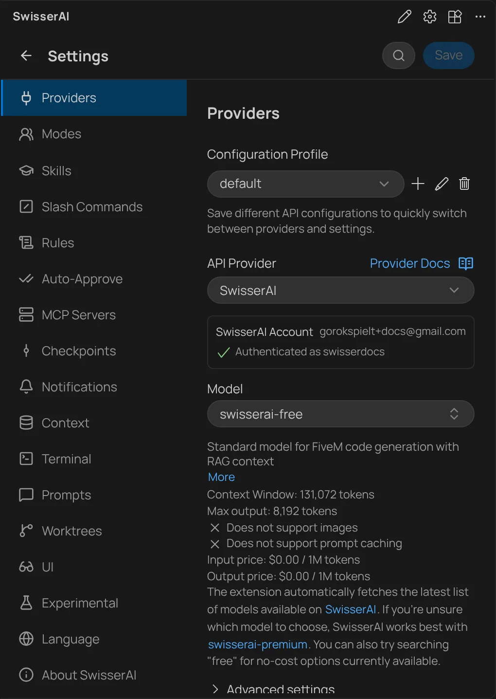 SwisserAI settings, Providers tab: the signed-in account and the Model dropdown set to swisserai-free.