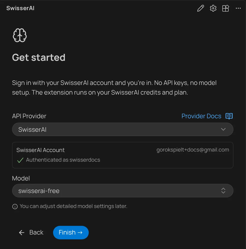 The Get started panel after signing in: it shows the account email, Authenticated as, the model and a Finish button.