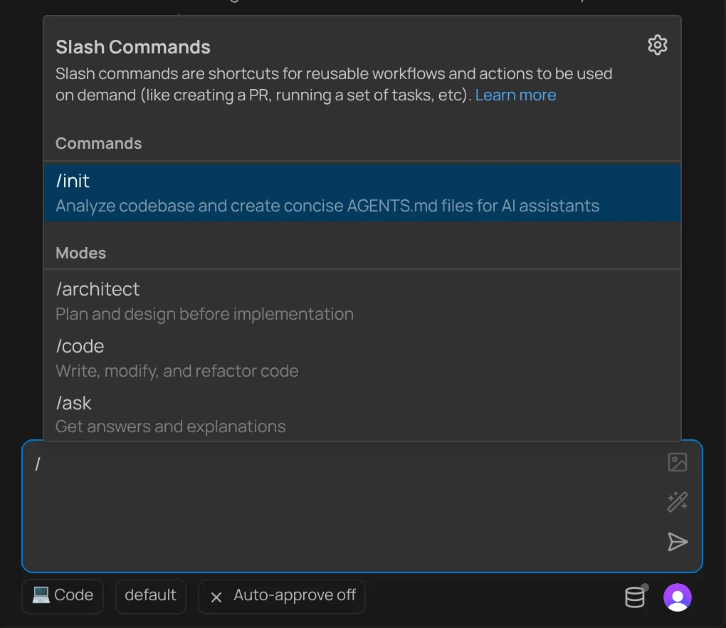 Typing a slash in the SwisserAI task box opens a list of commands that can be run or inserted.
