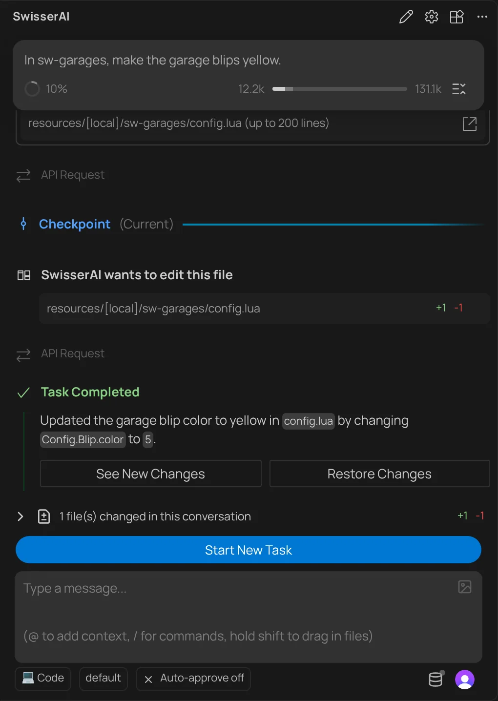 The finished task: a short summary of the change, buttons to see or undo the changes, and Start New Task.
