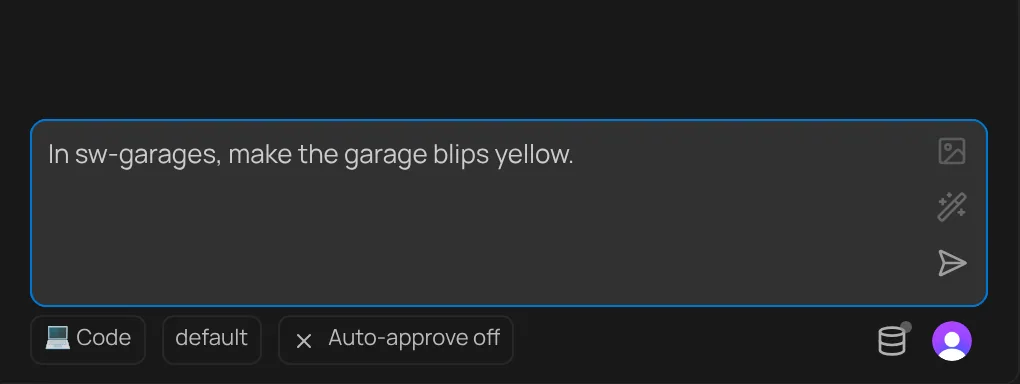 The task box with the request: In sw-garages, make the garage blips yellow. Mode is set to Code.