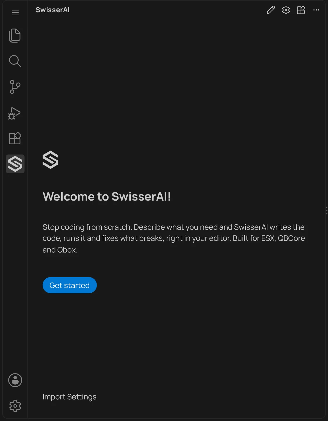 VS Code with the SwisserAI icon in the left activity bar and the SwisserAI welcome panel open next to it.