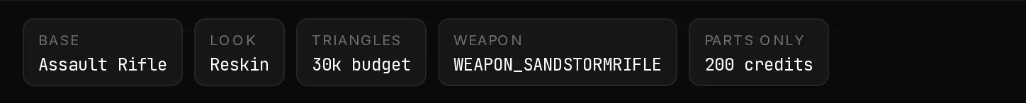 The strip under the viewport of the reopened Sandstorm Rifle: PARTS ONLY 200 credits, the four parts it carries at 50 credits each.